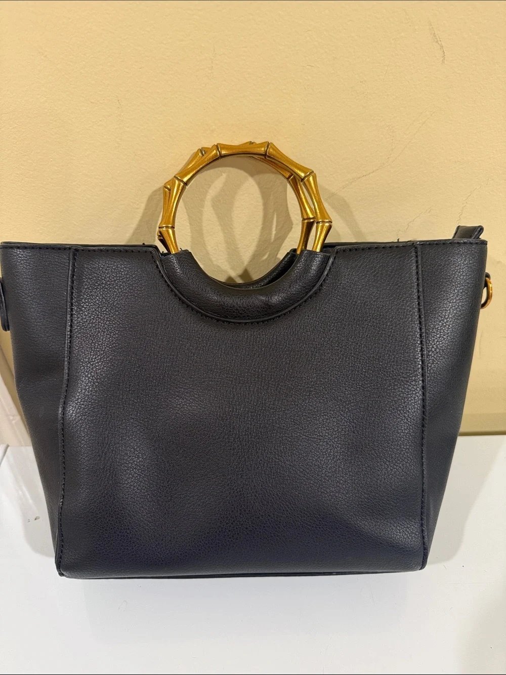 Black Tote Bag with copper Gold Bamboo style but metal Handle no crossbody